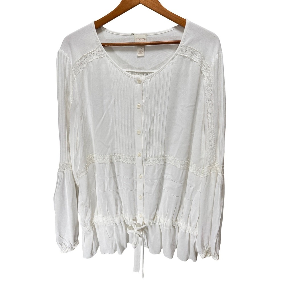 Chico's Peplum Blouse Womens 3/XL White Lace Trim Pintuck Button Front Boho‎ Top